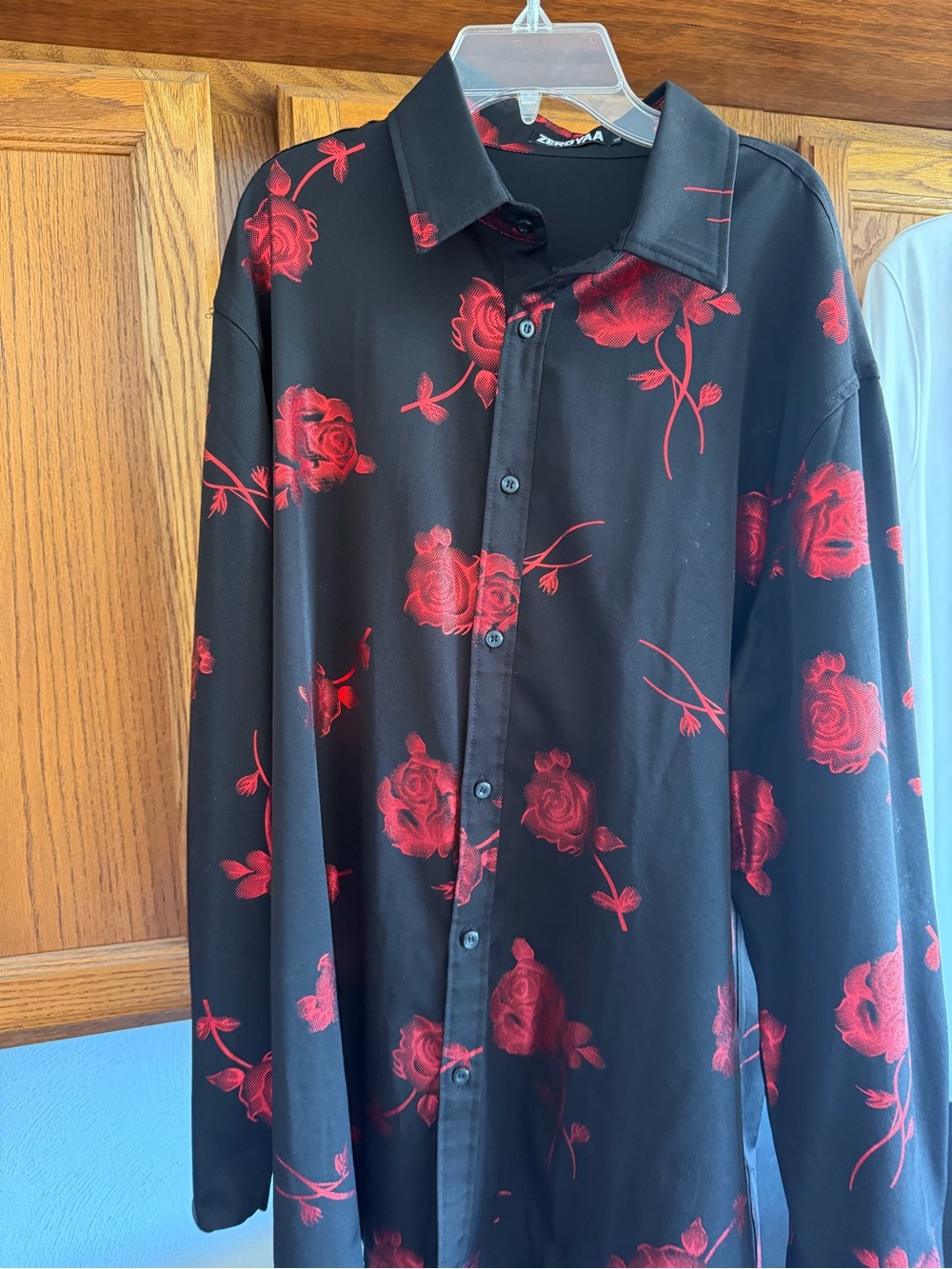 Men's Black Dress Shirt with Red Rose Print